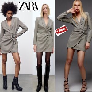 ZARA BLACK WHITE ECRU HOUNDSTOOTH PRINT WRAP STYLE BLAZER DRESS BEJEWELLED XS